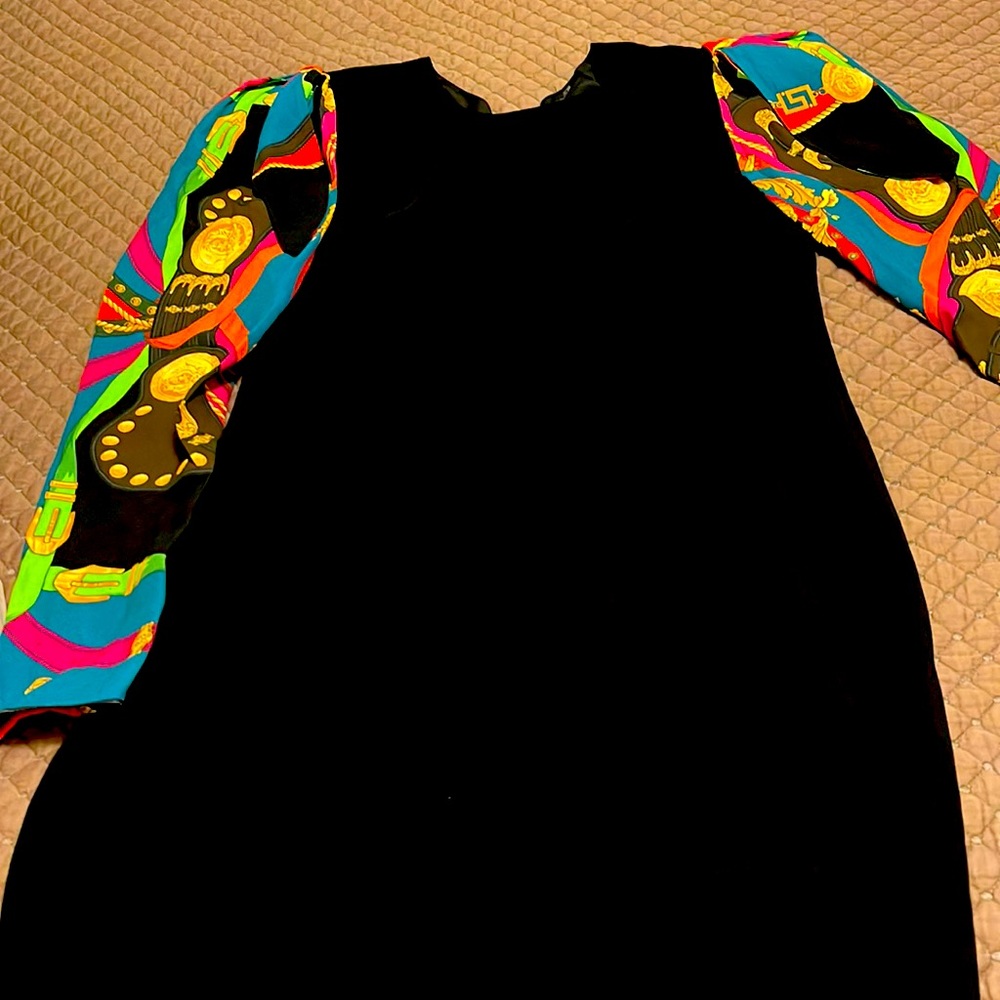 Versace mini Dress , size 10 black with multicolored long sleeves !!